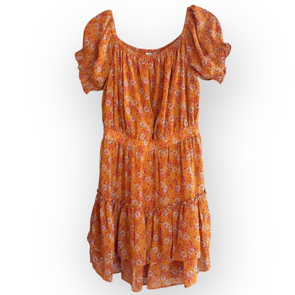 WAYF Women's Orange Floral Print Mini Dress Smocked Short Puff Sleeve M